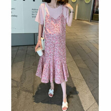 京选优品  孕妇夏装时尚假两件碎花连衣裙潮妈宽松中长款裙夏天裙子 粉色小碎花 L