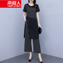 南极人高档品牌女装 时尚阔腿裤套装2021年夏季新款胖妹妹洋气显瘦雪纺两件套套装透气大码女装 黑色 M【建议84-94斤】