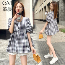 革曼 孕妇装夏装2021新款套装时尚韩版短袖孕妇上衣潮妈格子衬衣洋气娃娃衫夏季连衣裙 黑色上衣 L