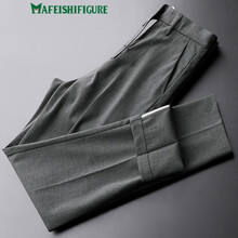 MAFEISHIFIGURE品牌轻商务男士2021夏季新款轻薄冰丝免烫修身小脚休闲裤潮 灰色 32