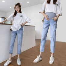 孕妇裤子春夏款夏季外穿潮妈时尚薄款网红老爹裤孕妇直筒牛仔长裤 8809破洞款单裤 L适合95-115斤