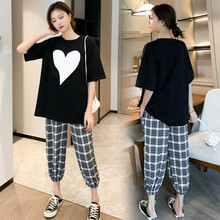 伊沐纯孕妇套装夏装上衣t恤格子休闲裤2021时尚款潮妈两件套夏天孕妇装 单件黑色T恤 M
