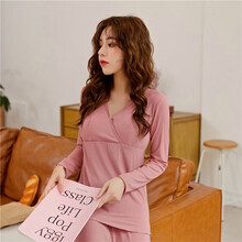 源外莫代尔孕妇产后哺乳衣喂奶衣薄款睡衣秋衣长袖V领月子服打底衫 红 M