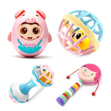 不倒翁婴儿玩具摇铃拨浪鼓牙胶0-6-12个月半岁宝宝0-1-2岁儿童小孩幼儿一岁四八个月礼物 不倒翁摇铃拨浪鼓组（粉色）