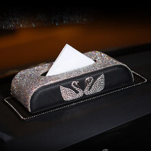 车载纸巾盒 汽车抽纸盒创意可爱时尚镶钻 高档女汽车用品 车上装饰车内抽纸盒 双天鹅镶钻白色【纸巾盒】+防滑垫