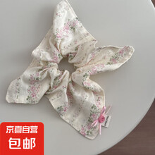 苏纯温柔碎花韩版蕾丝学院风蝴蝶结纽扣大肠发圈法式百搭小清新发 方巾-粉色碎花 1个