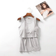 源外 棉上掀式哺乳背心产后睡衣有胸垫免穿文胸月子服上衣喂奶穿打底吸汗吊带 灰白条纹【纯棉】 165(L) 【建议105-118】
