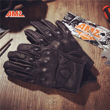 AMZ复古夏季手套摩托车骑行防护手套机车骑士男女通用防护透气可触屏手套 黑色打孔 M
