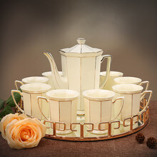 美瓷工坊 欧式咖啡具套装 宫廷陶瓷茶具 大容量水具杯具凉水壶套装 下午茶咖啡杯茶杯 欧韵华庭2100 中号壶+8小号杯+大号合金圆形托盘