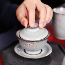 梅兰竹菊功夫茶具官窑盖碗泡茶碗单个三才杯复古陶瓷泡茶杯家用泡茶器冰裂 官窑梅花如意盖碗白色