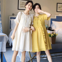 孕妇装夏装2019新款雪纺小清新孕妇连衣裙中长款时尚潮妈孕妇裙子夏季 米色 M