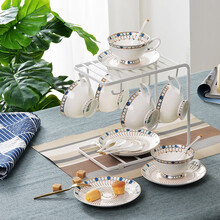 瑞玖 骨瓷咖啡杯碟套装家用陶瓷咖啡具成套茶杯喝咖啡套具架勺 摩洛哥海岸骨瓷咖啡杯碟6套带勺