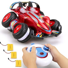 儿童玩具车遥控翻斗电动车模型套装 宝宝翻滚特技车摇控工程车四驱越野小汽车可充电动音乐跳舞赛车男孩玩 【3块电池】小号红色特技车【侧翻旋转送遥控】