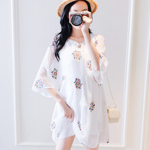 孕妇装夏装外出新款孕妇连衣裙中长款时尚潮妈孕妇套装夏季宽松透气孕妇裙子上衣 白底花色 L