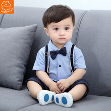 coolelves 婴儿连体衣0英伦西装3夏季薄款短袖6宝宝百天哈衣爬服新生儿衣服1周岁礼服9 蓝色背带夏装 90码建议6-9个月宝宝