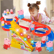 抖音同款小猪佩奇玩具 滑梯爬楼梯电动轨道车滑滑梯玩具车带灯带音乐海草猪男孩女孩送儿童玩具 【5只小猪】双轨道连接usb+音乐灯光 升级版