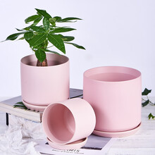 ins陶瓷花盆北欧轻奢简约带托盘粉色灰色绿萝吊兰多肉创意其他 【圆】粉色亚光 中号
