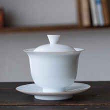 陶艺公社 盖碗茶杯 德化薄胎白瓷家用日式防烫功夫茶具陶瓷三才盖碗泡茶杯茶碗 纤影-金边款-190ml