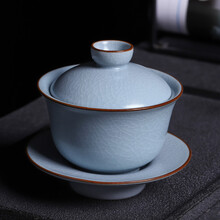 梅兰竹菊功夫茶具汝窑盖碗套装三炮台盖碗开片泡茶碗复古三才茶杯单个 汝窑古土圆梦盖碗天青色