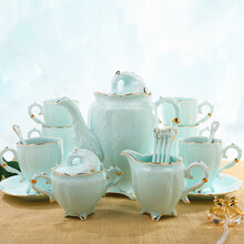 美瓷工坊 蓝梦丽舍青瓷咖啡具套装 轻奢陶瓷茶具大容量水具杯具凉水壶 英式下午茶咖啡杯碟勺托盘2028 大壶+糖罐+奶壶+6杯6碟6勺