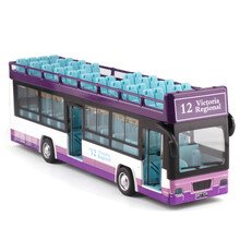彩珀合金车模型1：48双层露天敞篷观光旅游巴士车  声光回力可开门 宝宝儿童仿真玩具汽车 紫色