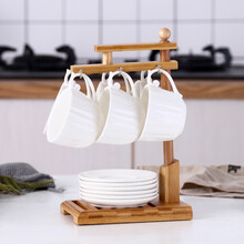 SC 咖啡杯碟套装配竹木架 简约白瓷下午茶杯 家居陶瓷水杯茶具 10A083-1