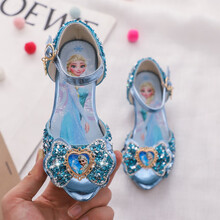 迪士尼轻奢高端女童凉鞋2021新款夏时尚可爱小公主儿童高跟水晶鞋爱莎冰雪奇缘鞋旗舰官方专卖 860 冰雪奇缘 蓝色 鞋子内长=脚长+0.5到1厘米