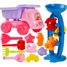 儿童沙滩玩具套装决明子挖沙挖掘机工程车宝宝沙子戏水铲子工具 多彩沙漏粉色车11件套