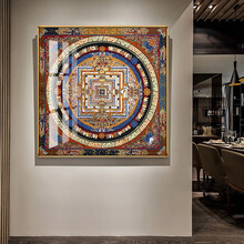 黑金唐卡挂画六字真言心经玄关客厅装饰画西藏坛城黄财神佛堂壁画 D款-时轮金刚坛城 60*60cm尊贵金铝合金框+水晶面