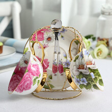 【品质好物】咖啡杯套装欧式小陶瓷杯创意金边下午茶具杯带勺送咖啡杯架 盛世贵妃2杯碟+勺+架普通装