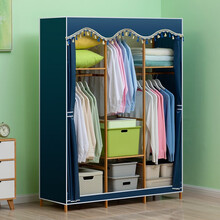 淘之良品 简易实木质衣柜现代简约衣帽架组装加厚加粗组合宿舍收纳布衣橱布艺柜子收纳柜加固挂衣柜 126cm款-深蓝【配隔层垫】