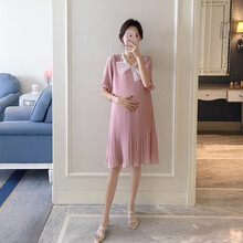 孕妇装夏装外出2019新款网纱蝴蝶结孕妇连衣裙中长款时尚潮妈孕妇裙子夏季宽松透气 粉红色 XXL