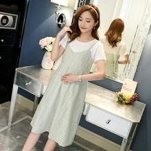 孕妇装夏装外出2019新款孕妇连衣裙中长款时尚潮妈孕妇套装夏季宽松透气孕妇裙子 浅绿色 M