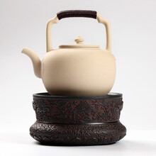 御汕堂台湾工艺老岩泥手作电陶炉白泥陶壶煮茶器套装家用煮茶烧水两用耐高温大号泡茶壶 缠枝牡丹+莲花白色
