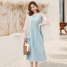 孕妇装夏装外出2019新款孕妇连衣裙中长款时尚潮妈孕妇裙子夏季宽松透气防晒衣 浅蓝色 M