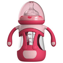 欧贝妮（oberni)婴儿奶瓶玻璃宽口径防胀气奶瓶防摔带吸管可拆手柄240ml适用6月以上 240ml红色