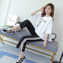 孕妇裤子夏天外出新款时尚托腹打底裤宽松孕妇装夏装休闲透气孕妇套装外穿短袖孕妈装夏季T恤 短袖+孕妇裤 XL