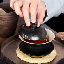 梅兰竹菊日式粗陶盖碗功夫茶具茶杯盖陶瓷150ml泡茶碗茶盏三才杯手抓茶碗 粗陶万古陶然盖碗黑色