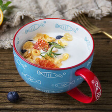 ezicok 陶瓷汤杯早餐杯大容量麦片杯牛奶杯马克杯水杯家用燕麦杯 创意手绘汤杯酸奶杯 游鱼汤杯（480ml）