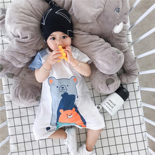 0-3-6-9-12个月婴儿连体衣夏季短袖新生儿男女宝宝全棉外出哈衣爬服潮 白色动物世界 80cm