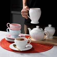 穆尼生活 浮雕蕾丝咖啡杯碟壶套装欧式小奢华带盖家用茶杯马克杯 公主咖啡杯+底碟-蓝色