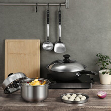 炊大皇 锅具套装 炒锅 304不锈钢蒸锅汤锅22cm 铁锅32cm 锅铲汤勺 整竹菜板38cm 蒸屉 炒菜锅具5件套