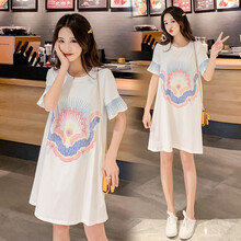 孕妇装夏装外出2019新款上衣t恤孕妇连衣裙中长款时尚潮妈孕妇套装夏季宽松透气孕妇裙子 白色 M