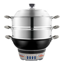 电炒锅家用电锅多功能电热锅电炒菜锅铸铁锅加厚电蒸锅电火锅蒸煮炒一体锅 铸铁36cm带两个钢笼（如换竹笼请告知）