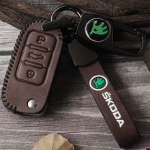 适用于21款斯柯达昕锐钥匙套 速派昕动柯珞克晶 昊野帝汽车包扣壳男女汽车装饰钥匙扣汽车遥控锁匙套 A款复古棕折叠3键【包+绳+扣】