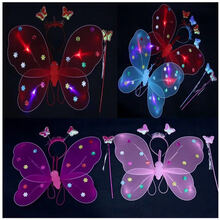 蝴蝶翅膀儿童仙女裙发光玩具天使魔法棒套装女童装扮翅膀夜市玩具 单层发光蓝色 蝴蝶