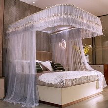 恒源祥蚊帐三开门导轨蚊帐1.8米u型轨道拉窗帘式落地纹账 A29(灰色) 180宽x200长x210cm高 【手动款】