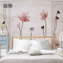 蓝鱼（LANYU）5D手绘荷花电视背墙壁布新中式古典禅意客厅卧室整张唯美墙纸墙布 加厚整张-无纺布