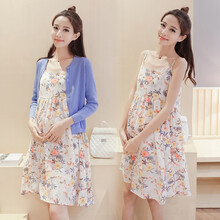 孕妇春装夏装2020年新款时尚套装雪纺吊带连衣裙春秋款潮妈两件套 蓝色针织衫+吊带裙 XL