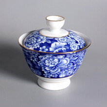 陶瓷盖碗茶杯青瓷泡茶碗家用大号冲茶器单个白瓷三才盖碗功夫茶具泡茶器 金足青花【盖碗】万花图